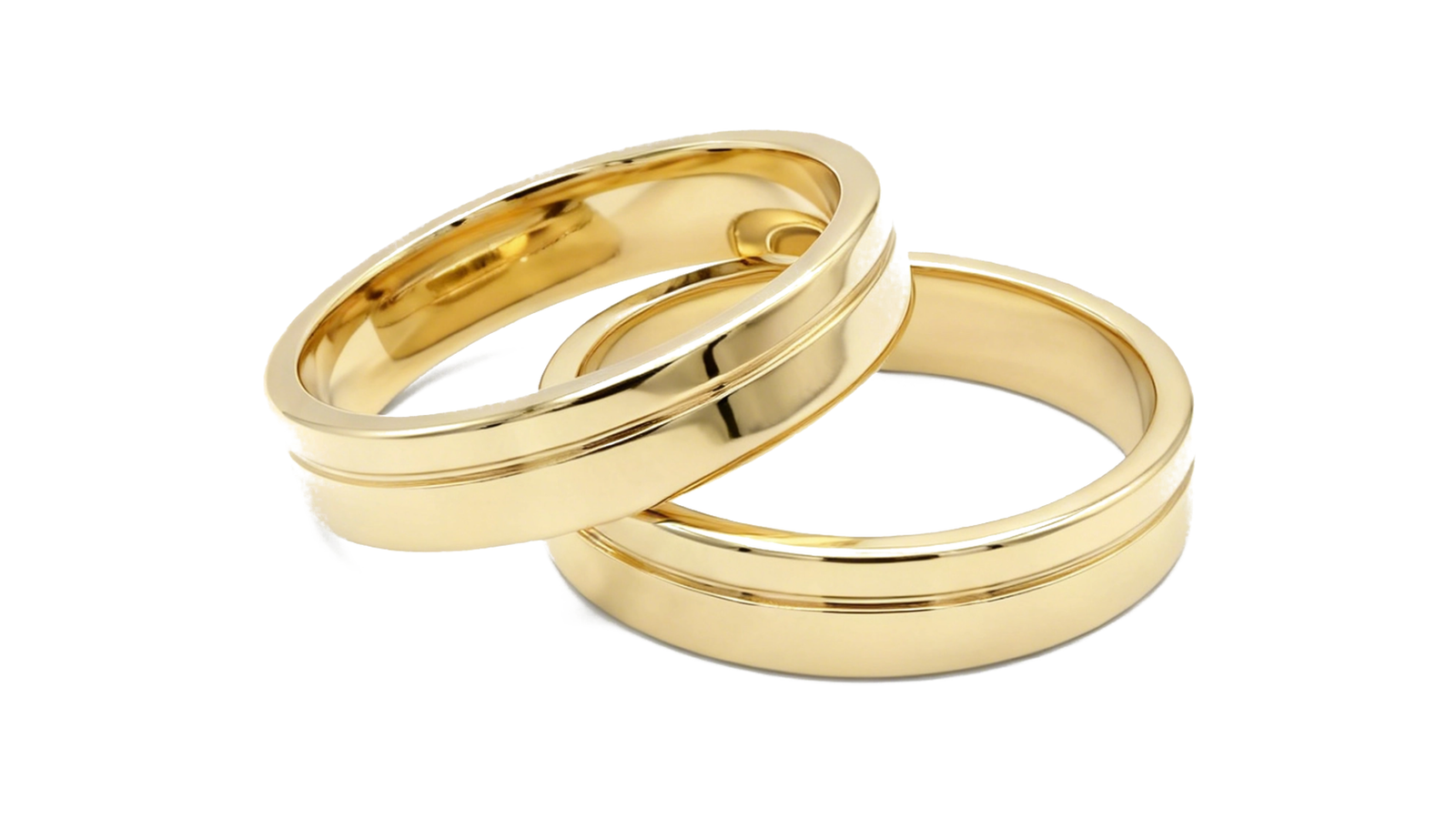 Par de alianças em ouro 18k amarelo com sulco central duplo gravado e perfil meia-cana confortável