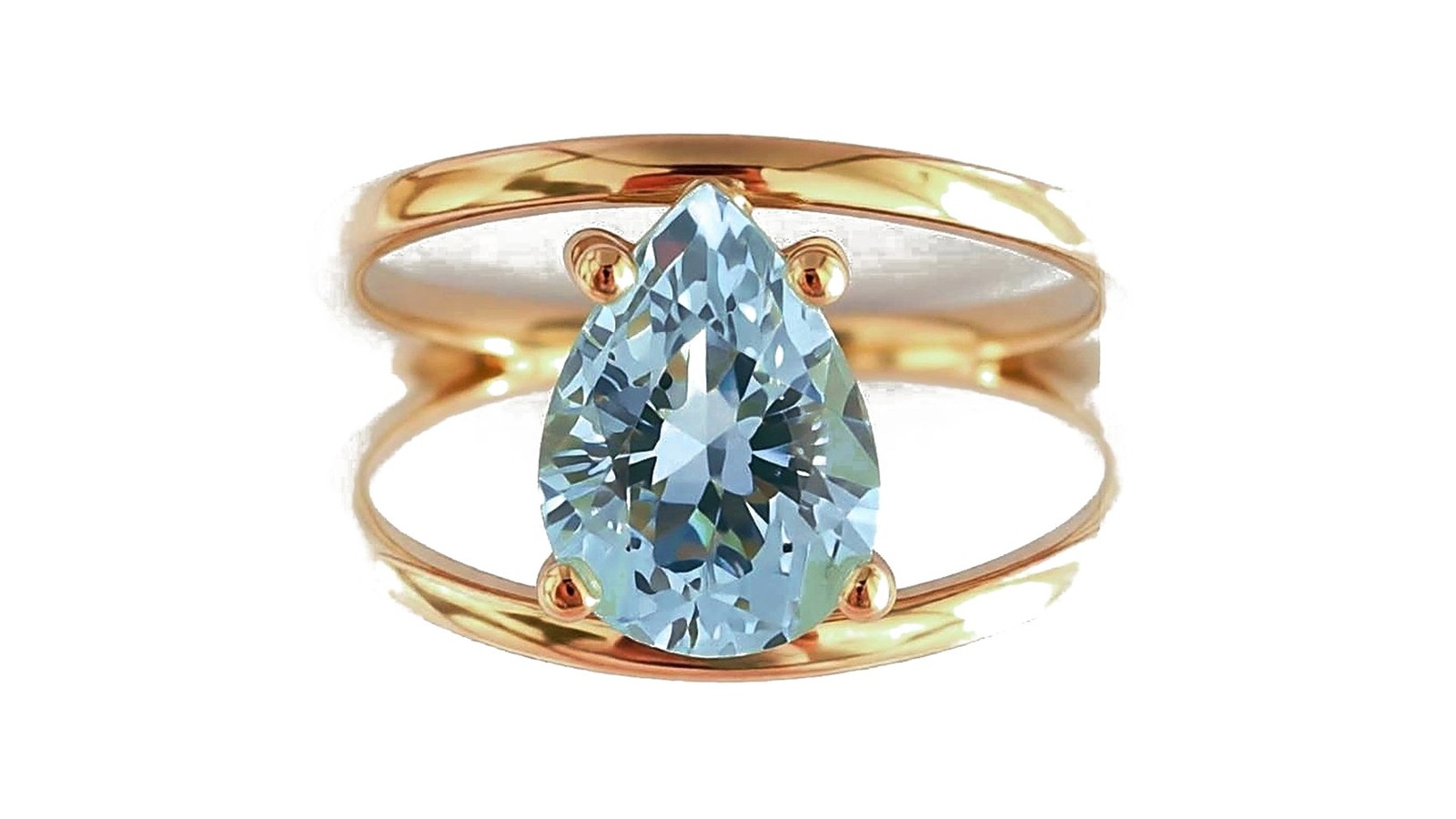 Anel em ouro 18k bicolor amarelo e rosé com água-marinha corte pera em cravação quatro garras