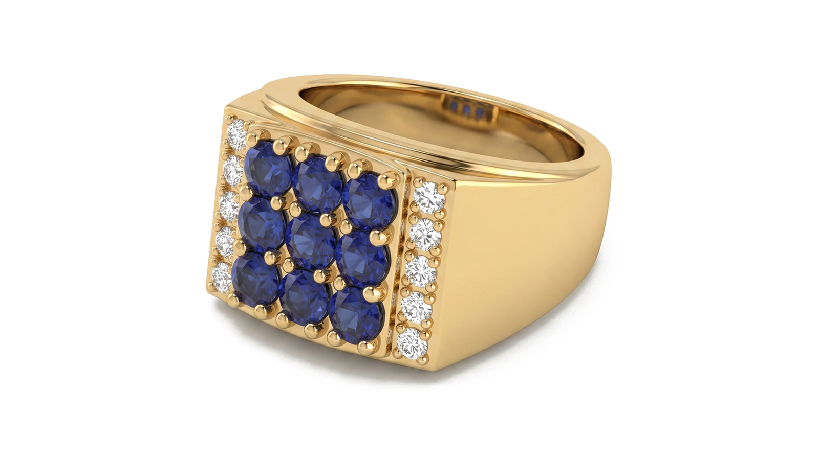 Anel Chevalier Safira — ouro 18k amarelo com 9 safiras azuis em cluster central e pavê lateral de diamantes