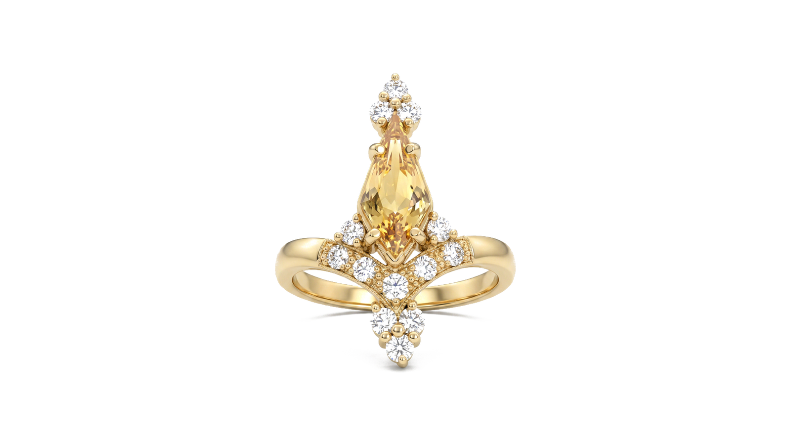 Anel Topázio Imperial Real — ouro 18k amarelo com topázio imperial natural de Ouro Preto corte pera amarelo dourado e coroa lambrequim de diamantes brilhantes