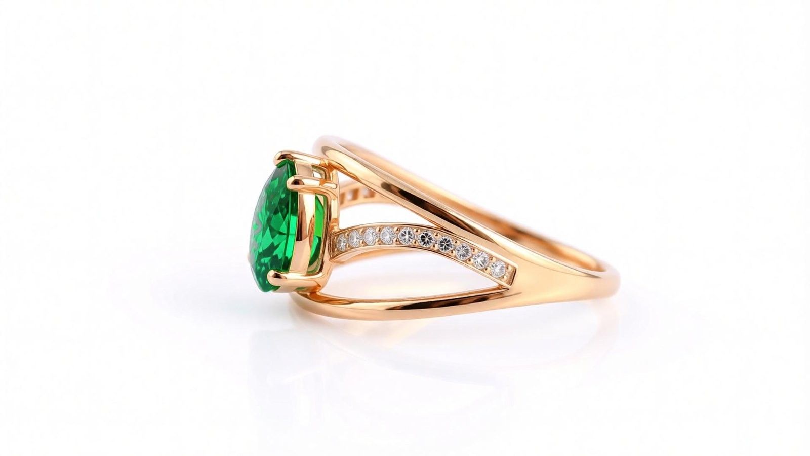 Anel em ouro 18k bicolor amarelo e rosé com esmeralda corte pera e pavê lateral de diamantes