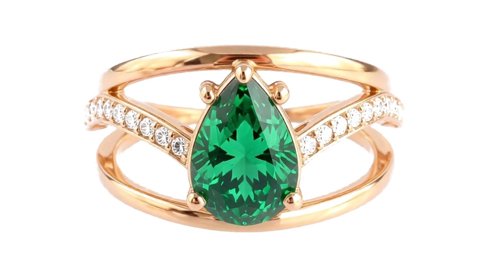 Anel em ouro 18k bicolor amarelo e rosé com esmeralda corte pera e pavê lateral de diamantes