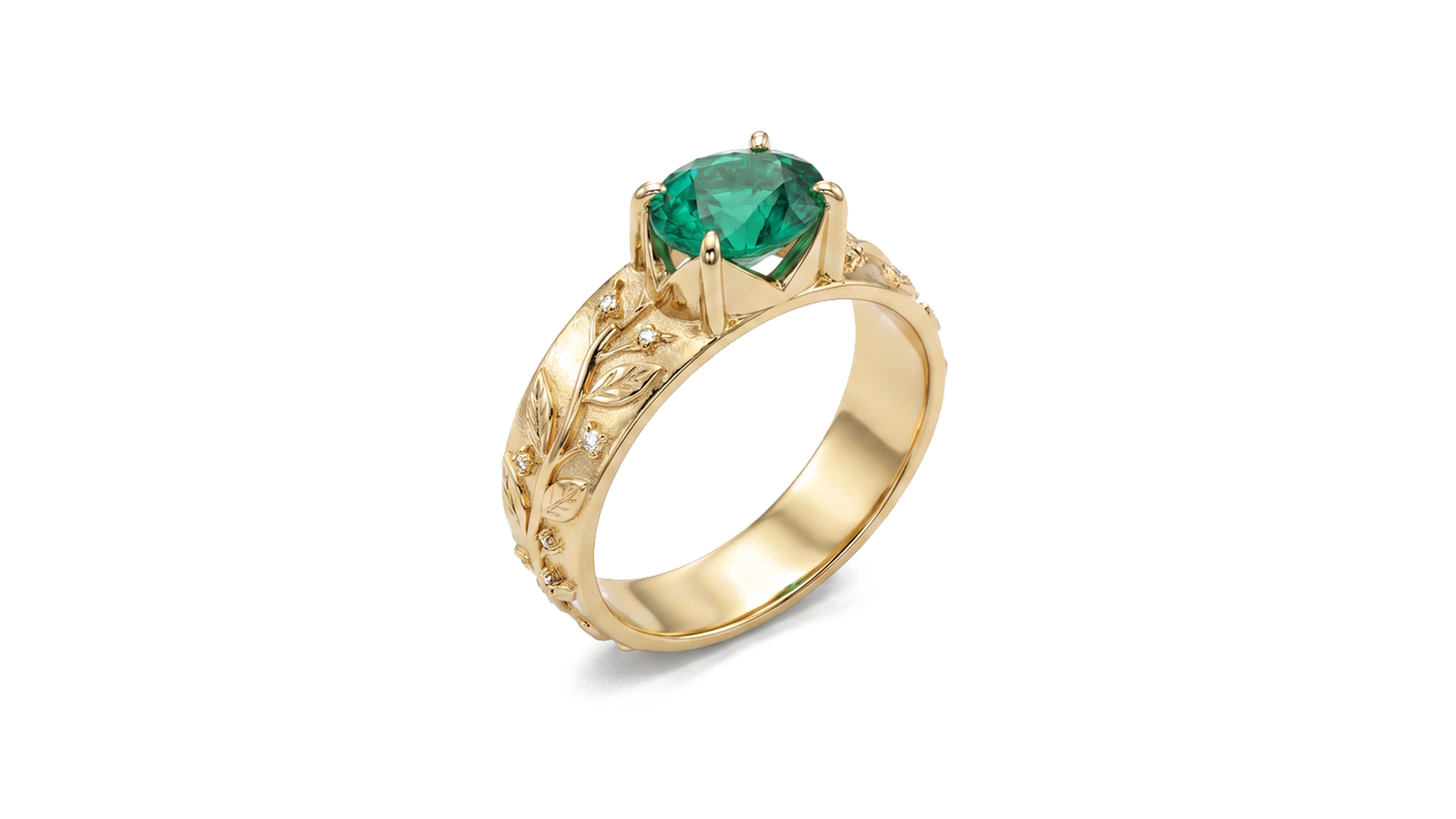 Anel Esmeralda Botânico — ouro 18k amarelo com esmeralda redonda em cravação 4 garras e banda esculpida com folhas e flores