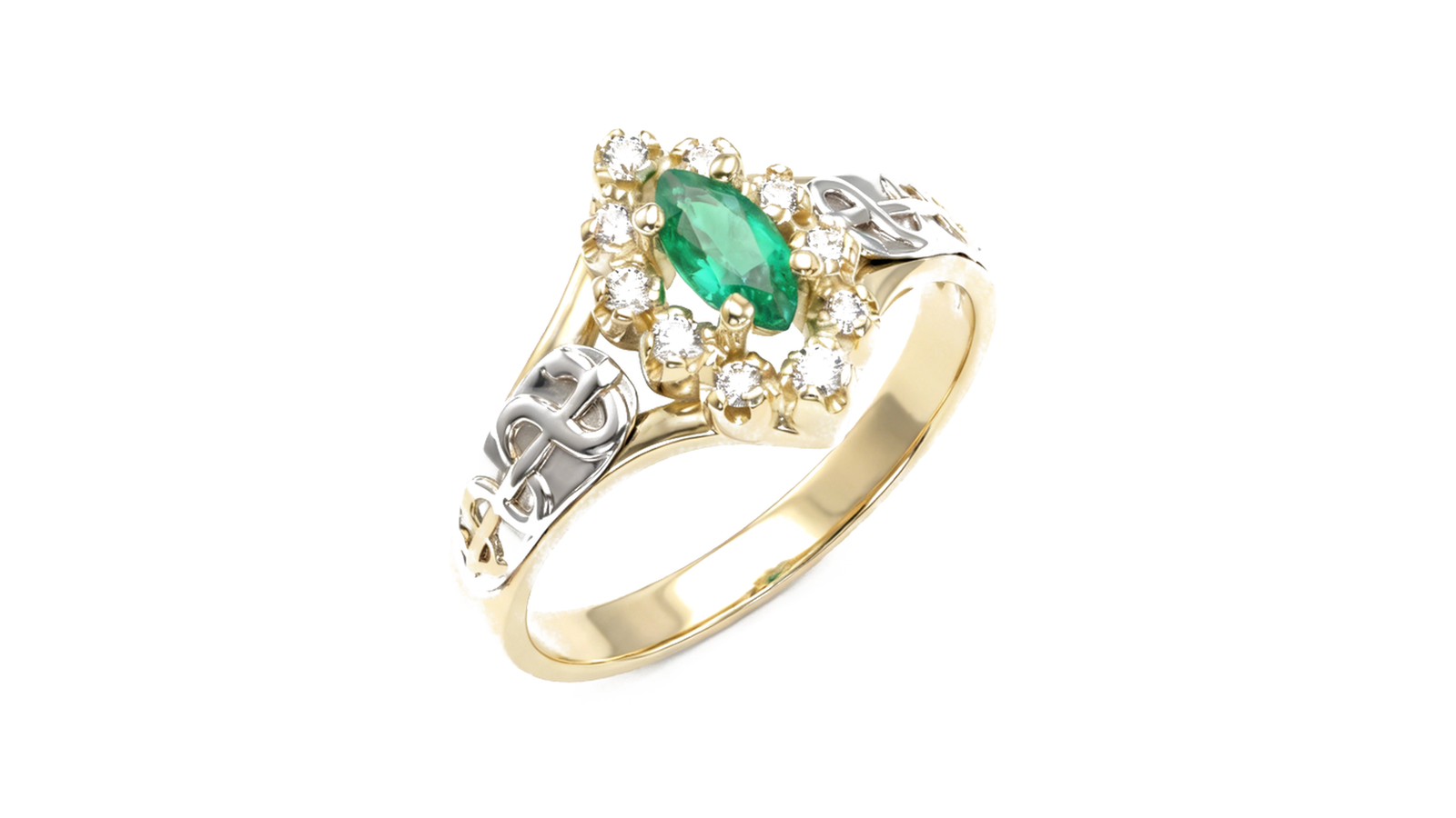 Anel Esmeralda Celta — ouro 18k amarelo com detalhes em ouro branco e esmeralda navete com halo de diamantes