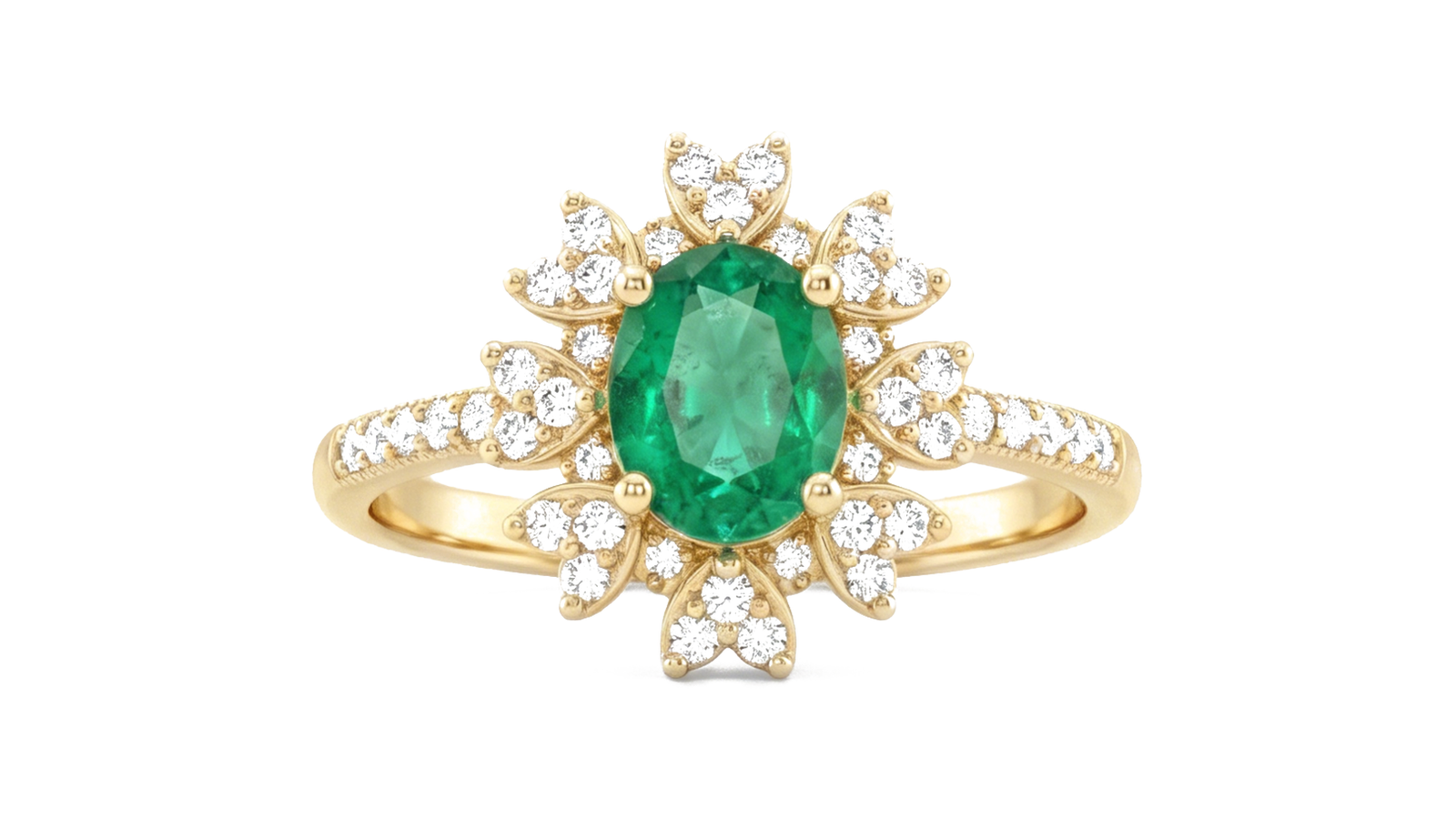 Anel Esmeralda Floral — ouro 18k amarelo com esmeralda oval e halo de pétalas em diamantes