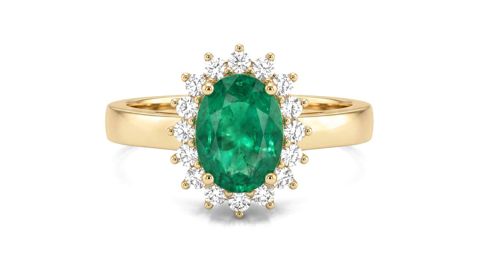 Anel Esmeralda Halo Estrela — ouro 18k amarelo com esmeralda oval e halo de diamantes em formato estrela