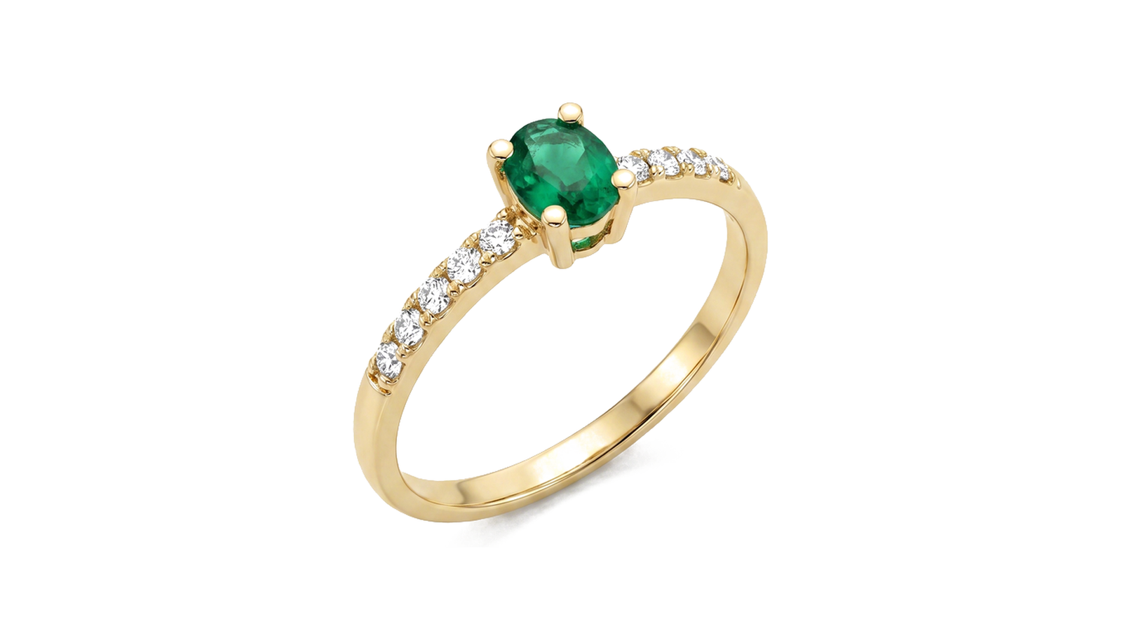 Anel Esmeralda Pavê Fino — banda fina em ouro 18k amarelo com esmeralda oval e diamantes pavê laterais