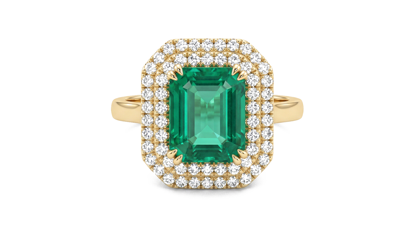 Anel Esmeralda Real — ouro 18k amarelo com esmeralda retangular e halo de 12 diamantes em armação escovada
