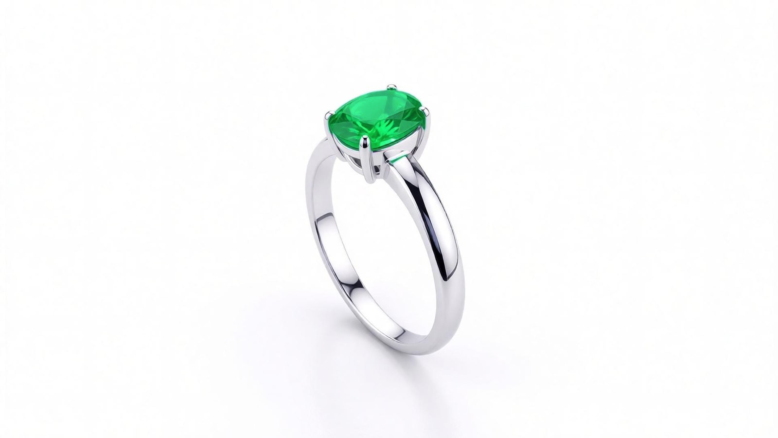 Anel solitário em prata 950 com esmeralda natural oval verde em cravação quatro garras e aro afilado polido