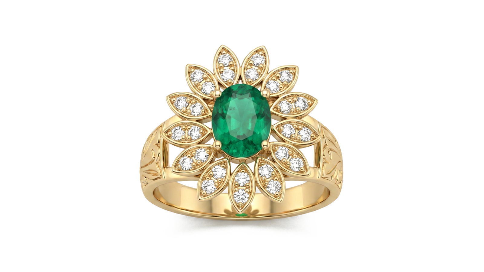 Anel Esmeralda Sunflower — ouro 18k amarelo com esmeralda oval e halo em pétalas grandes de diamantes formando uma flor