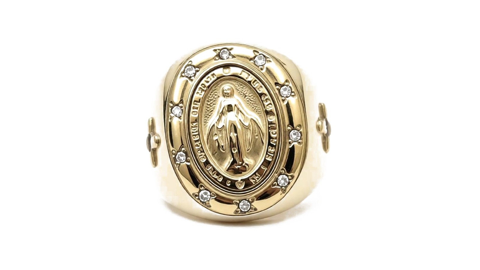 Anel signet em ouro 18k com medalha Nossa Senhora das Graças ao centro e halo de diamantes brilhantes