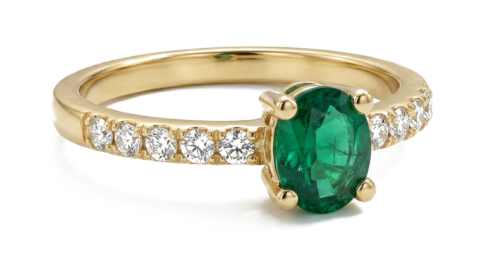 Anel Esmeralda Pavê — ouro 18k amarelo com esmeralda redonda em cravação 4 garras e pavê de diamantes nas alianças laterais