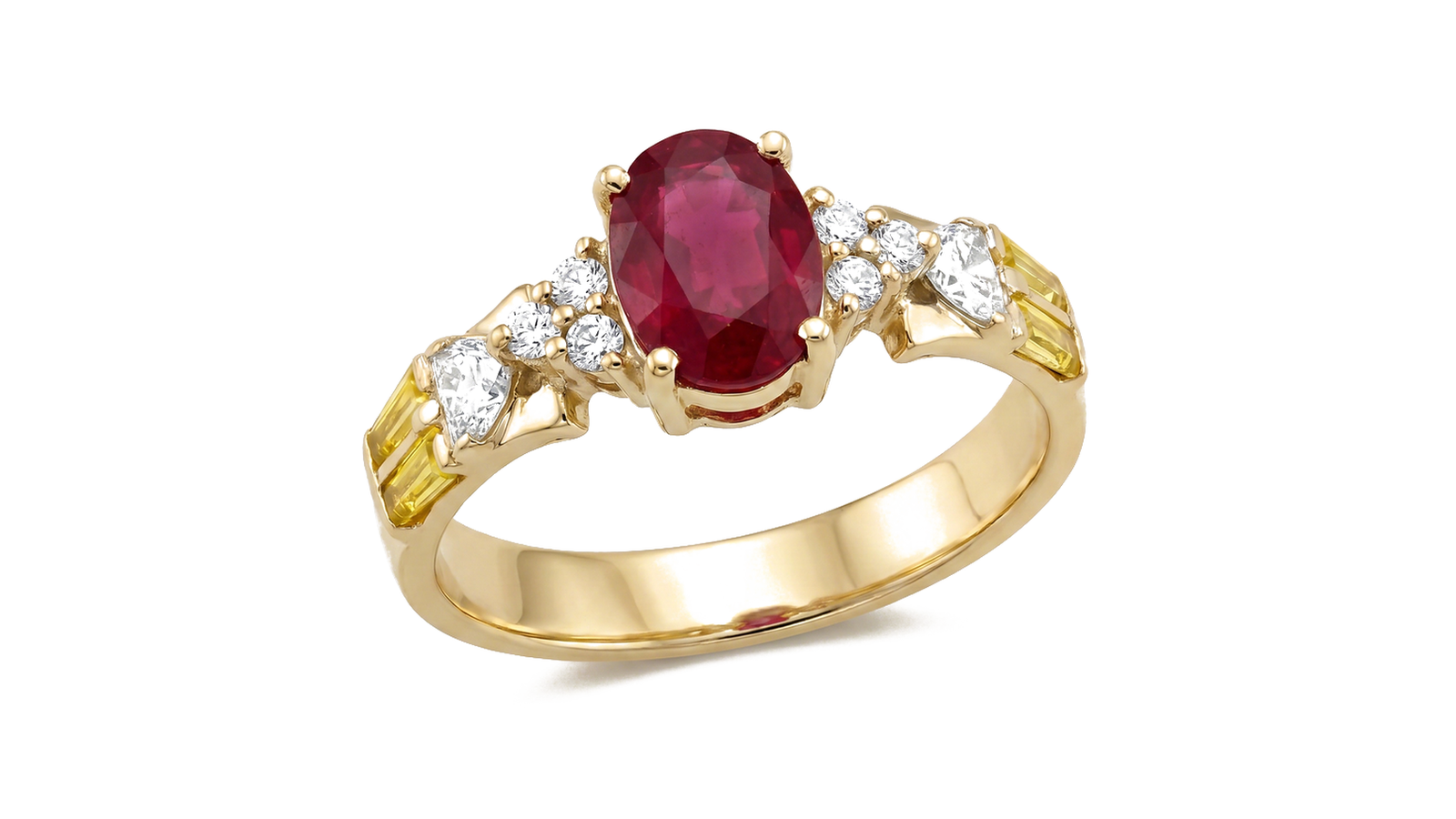 Anel Rubi Majestade — ouro 18k amarelo com rubi oval, diamantes brilhantes laterais e baguetes amarelas no perfil da banda