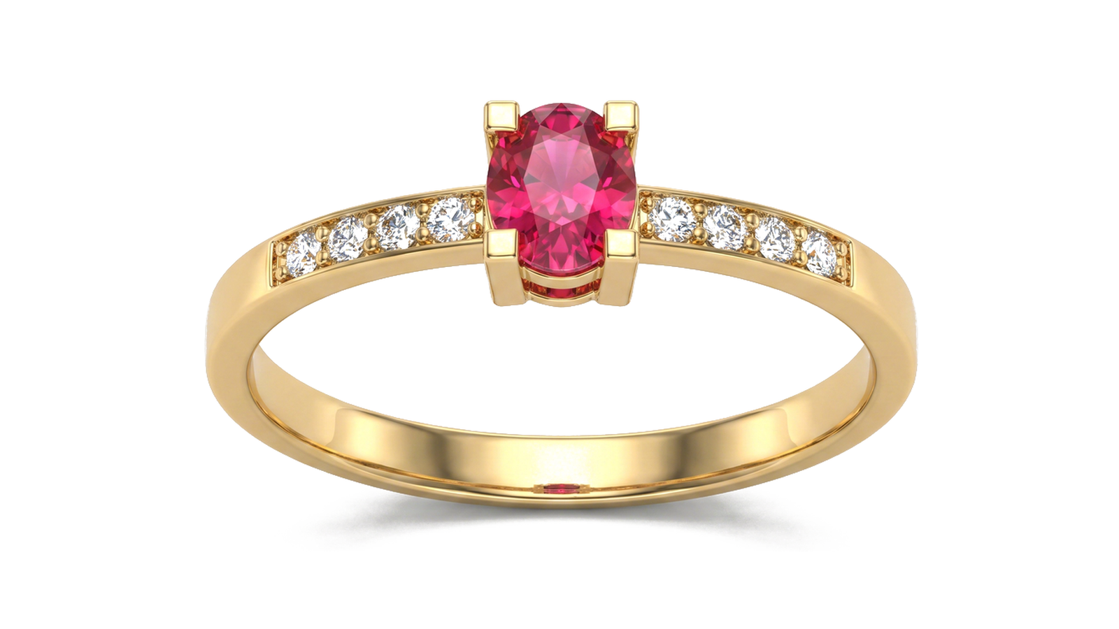 Anel Rubi Solitário com pavê — ouro 18k amarelo com rubi oval e diamantes em pavê dos dois lados da banda