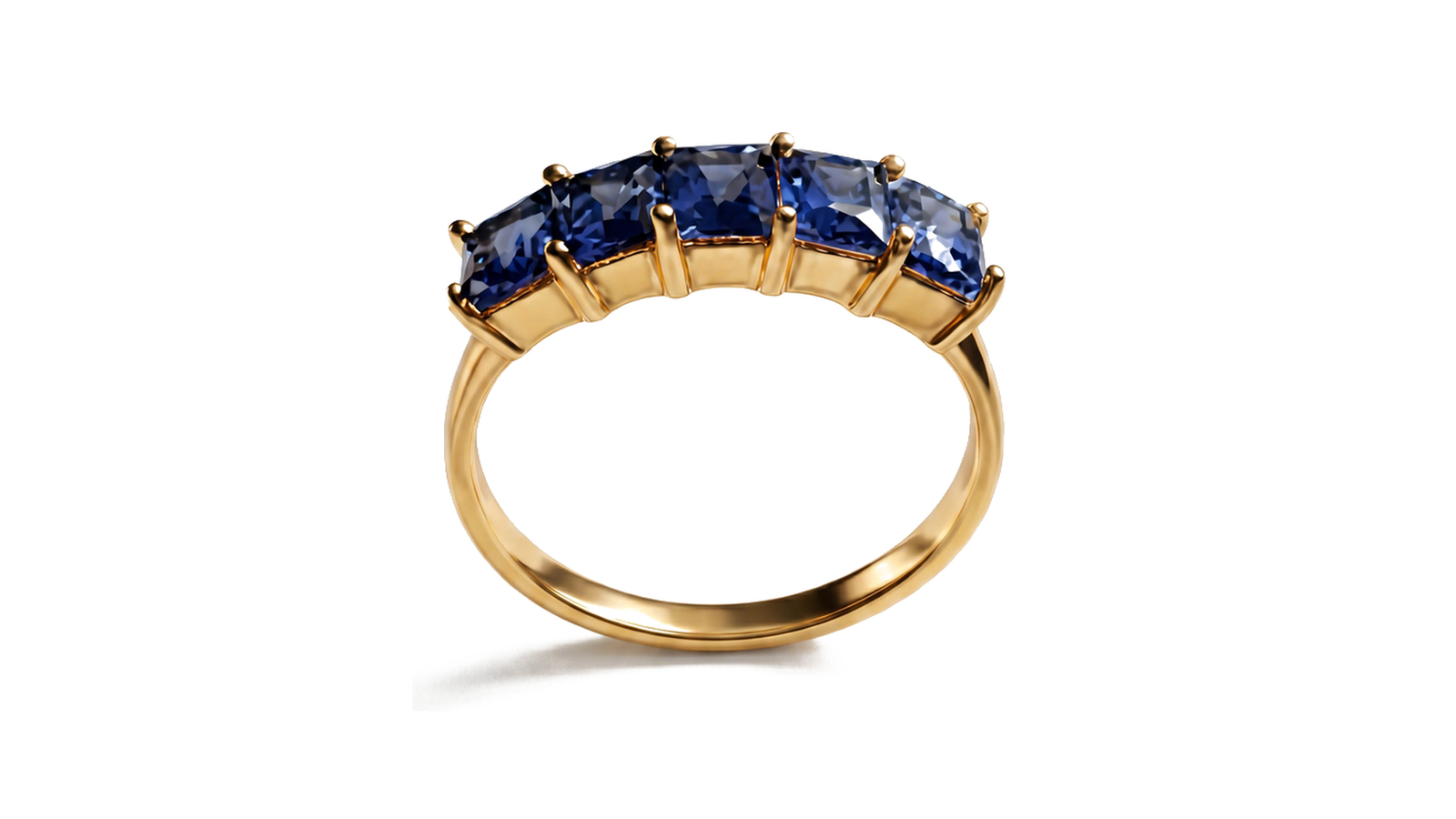 Anel Fileira de Safiras — ouro 18k amarelo com cinco safiras azuis retangulares enfileiradas