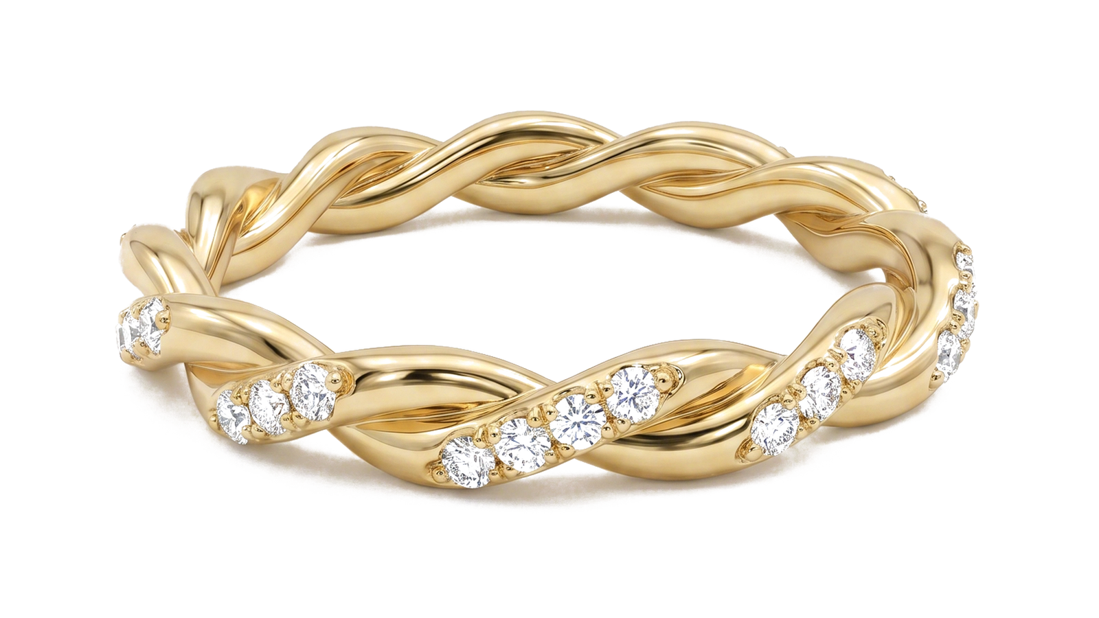Anel Trançado de Diamante — ouro 18k amarelo em duas tranças entrelaçadas, uma lisa e outra em pavé de diamantes
