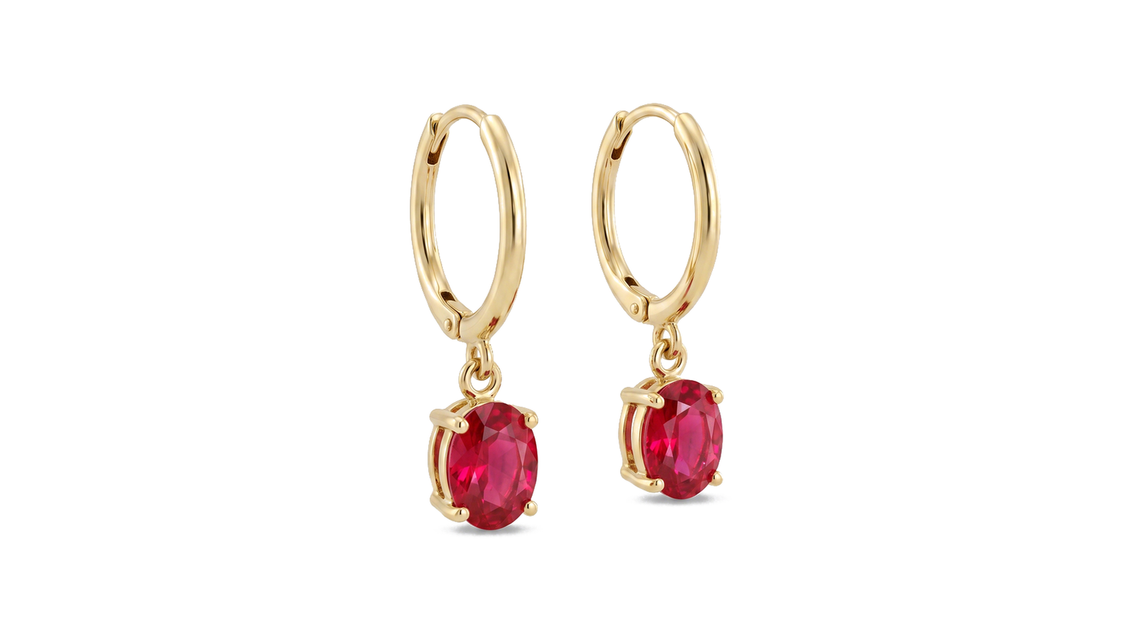 Brincos rubi oval pendente em argola pequena de ouro 18k amarelo