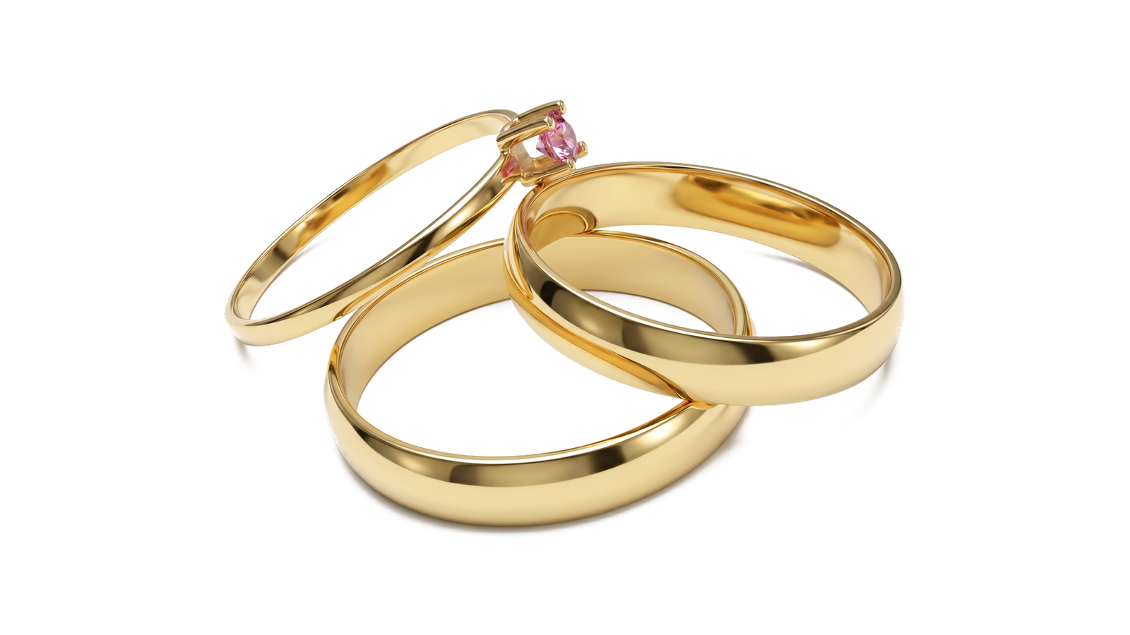 Conjunto bridal em ouro 18k amarelo com par de alianças lisas e anel de noivado solitário com safira rosa