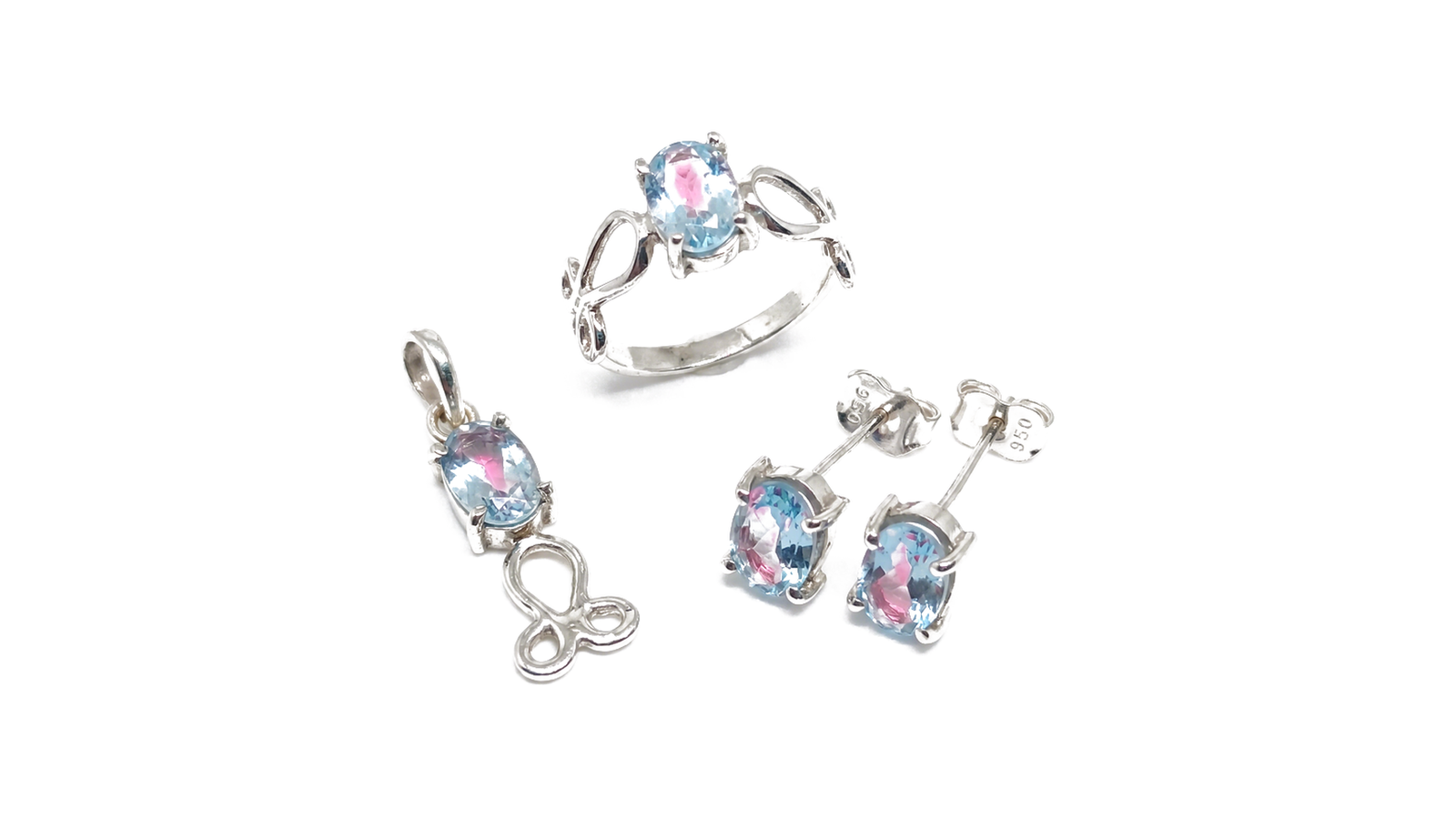 Conjunto trio em prata 950 com anel, pingente e brincos em gema bicolor azul e rosa natural