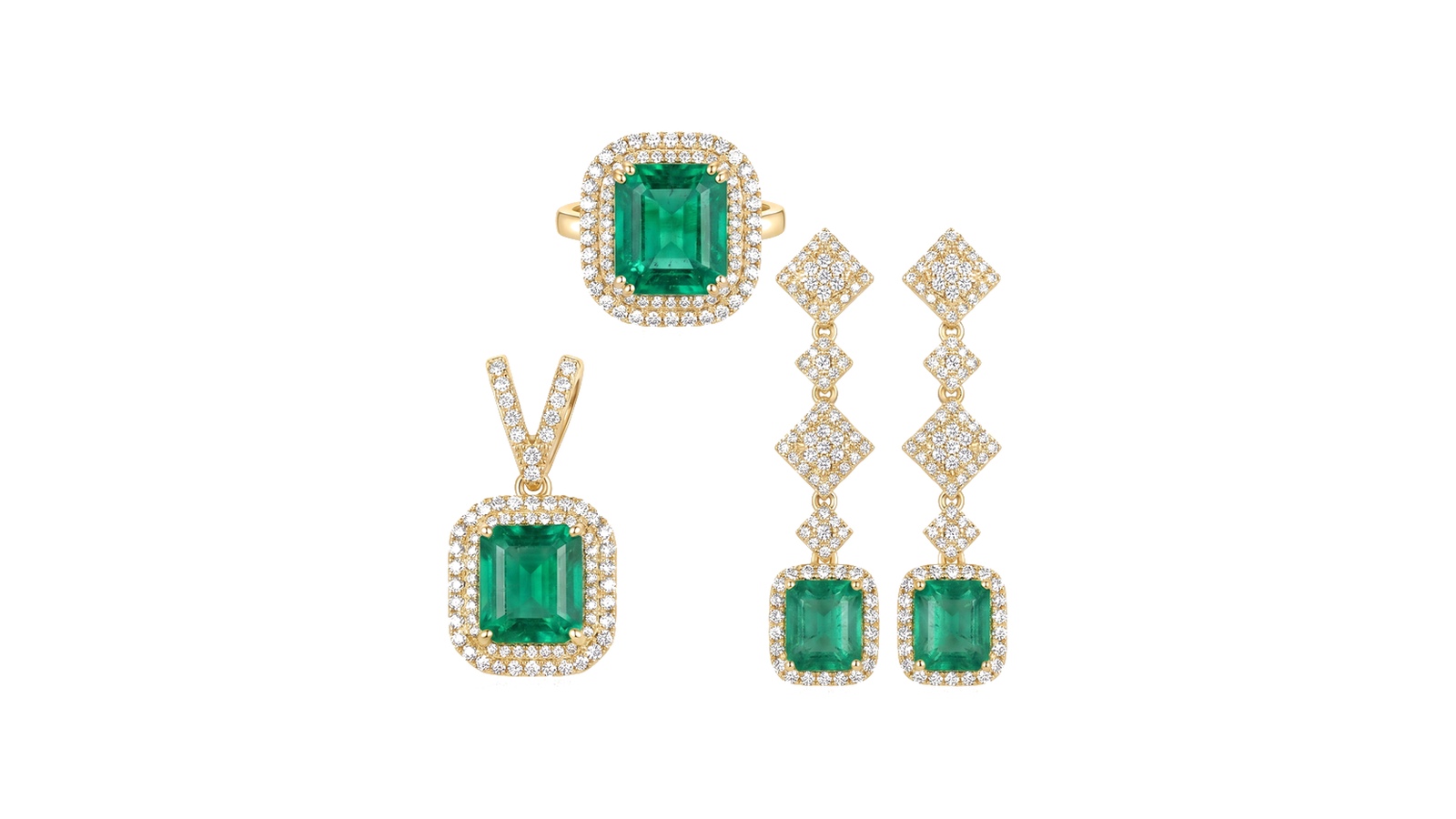 Conjunto Esmeralda Imperial — trio em ouro 18k amarelo com esmeraldas ovais e halo de diamantes: anel, pingente e brincos