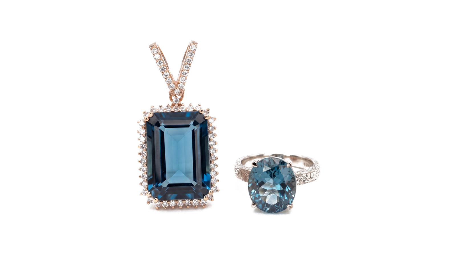 Conjunto Azul Profundo — ouro rosé 18k com pingente topázio London Blue retangular e anel topázio Sky Blue oval