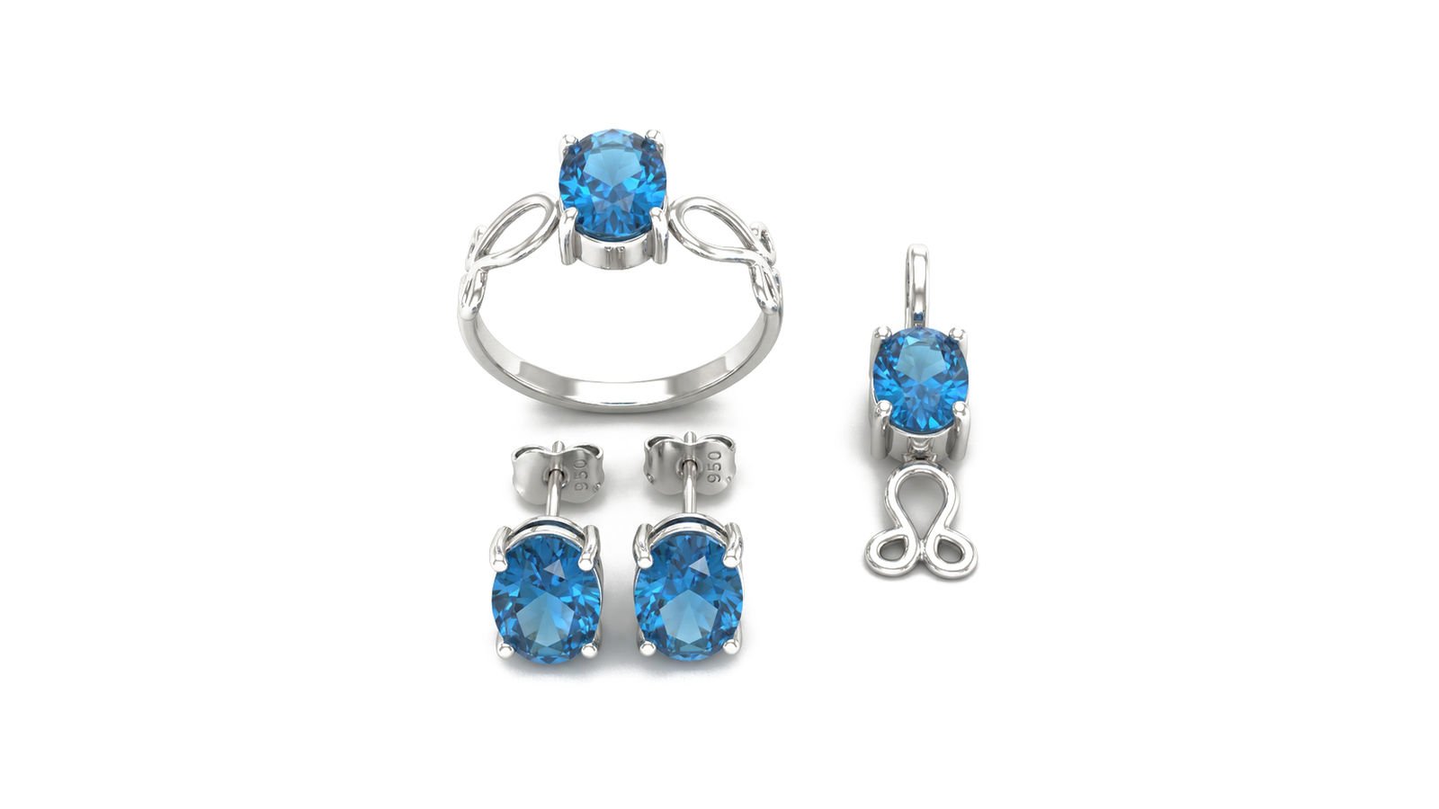 Conjunto trio em prata 950 com anel, pingente e brincos em topázio azul natural