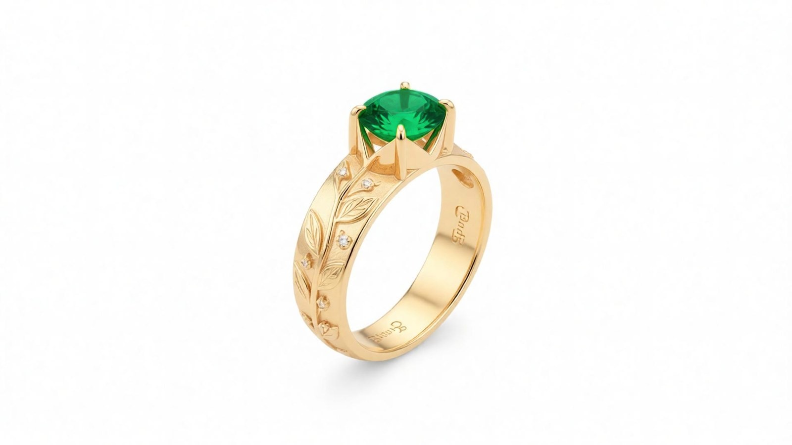 Anel Esmeralda Botânico — ouro 18k amarelo com esmeralda redonda em cravação 4 garras e banda esculpida com folhas e flores