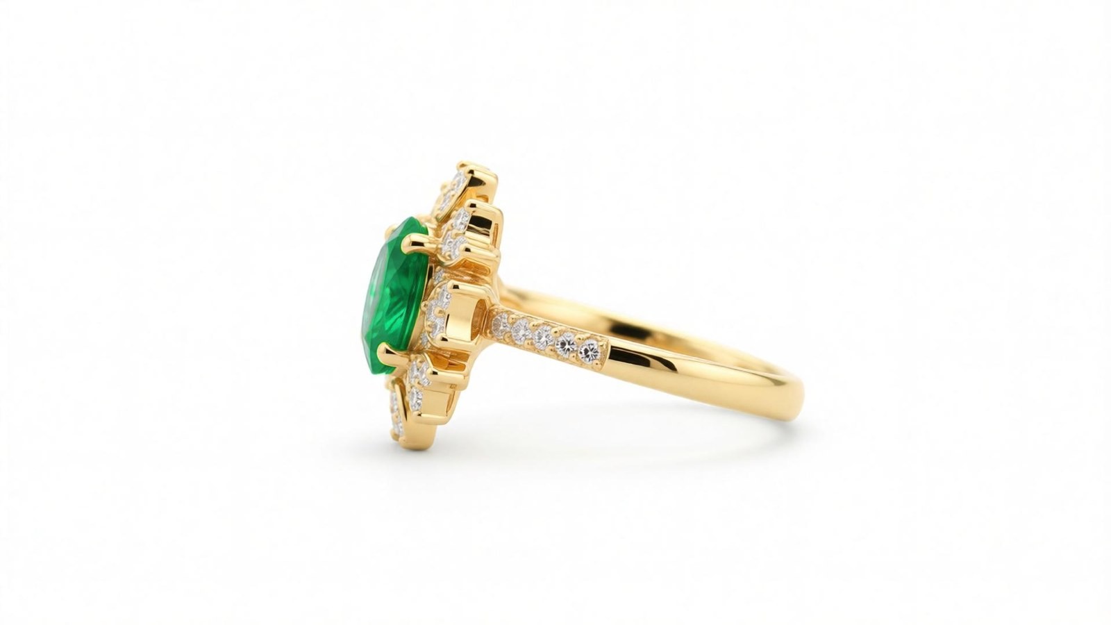 Anel Esmeralda Floral — ouro 18k amarelo com esmeralda oval e halo de pétalas em diamantes