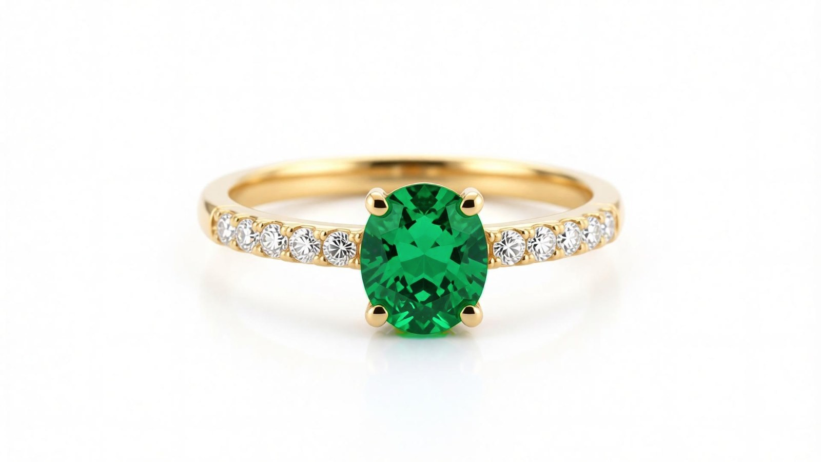 Anel Esmeralda Pavê — ouro 18k amarelo com esmeralda redonda em cravação 4 garras e pavê de diamantes nas alianças laterais
