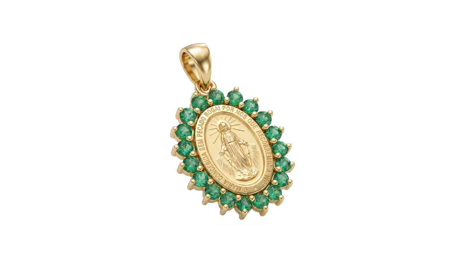 Medalha Nossa Senhora das Graças com halo de esmeraldas — ouro 18k amarelo com inscrição clássica e esmeraldas naturais redondas