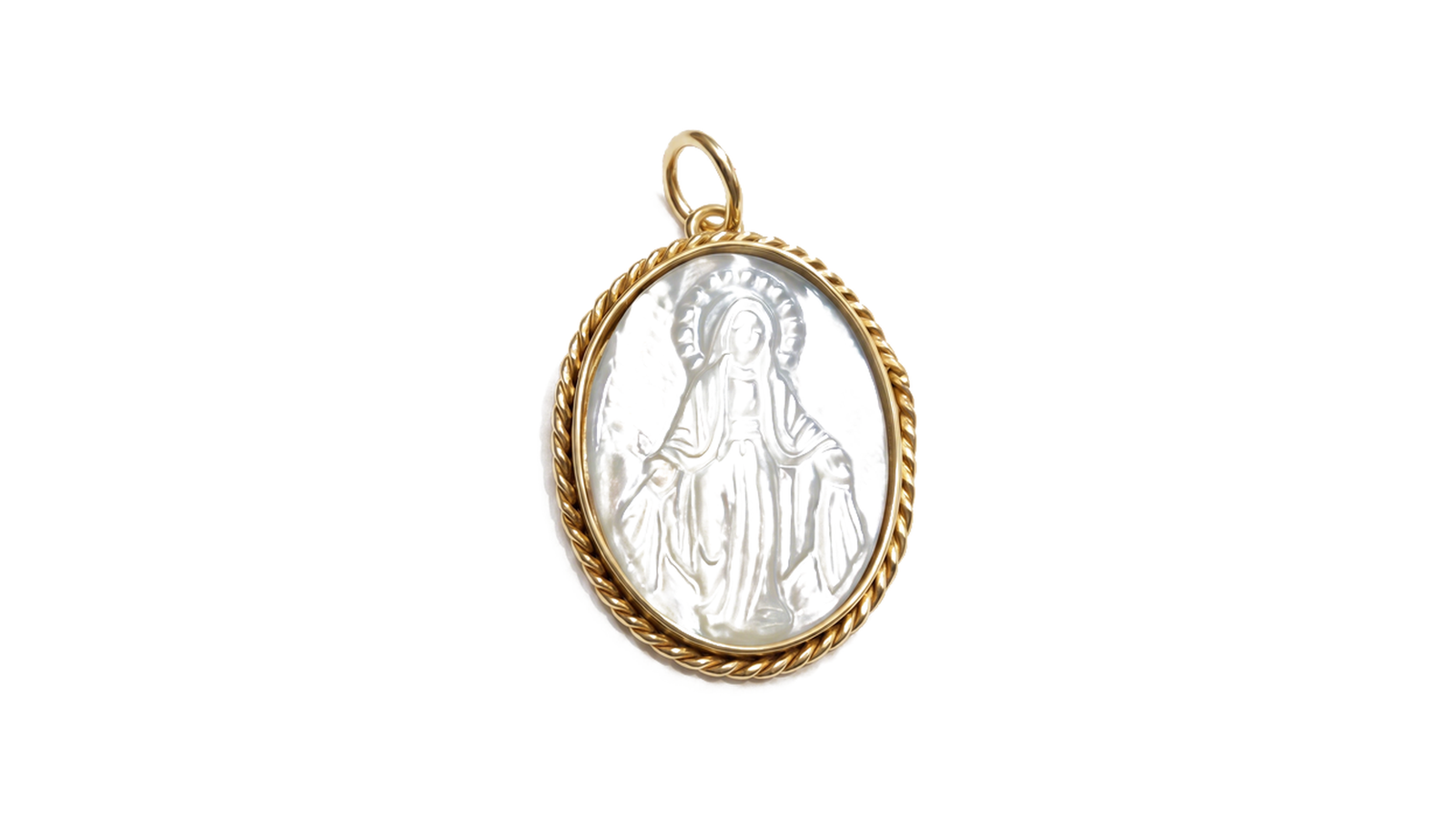 Medalha Nossa Senhora das Graças em madrepérola com aro de cordão em ouro 18k