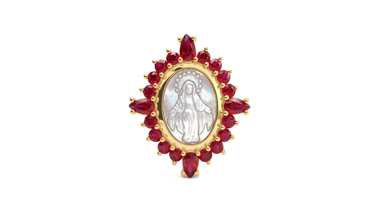 Medalha Nossa Senhora das Graças com halo de rubis pera — ouro 18k amarelo com placa central em madrepérola gravada