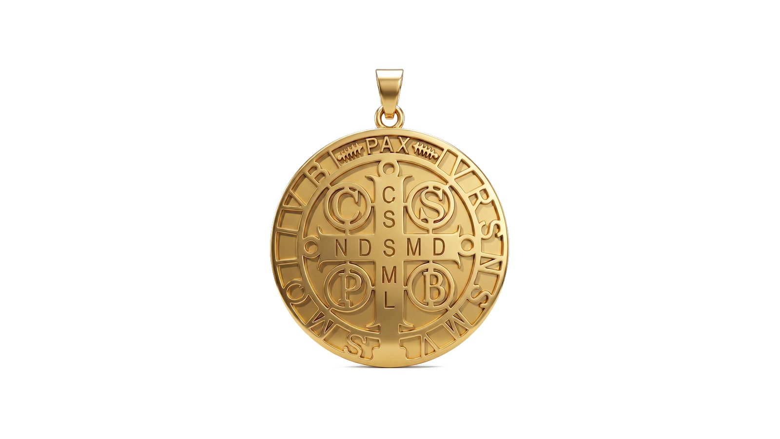 Medalha São Bento em ouro 18k amarelo com cruz central e inscrições circulares em relevo