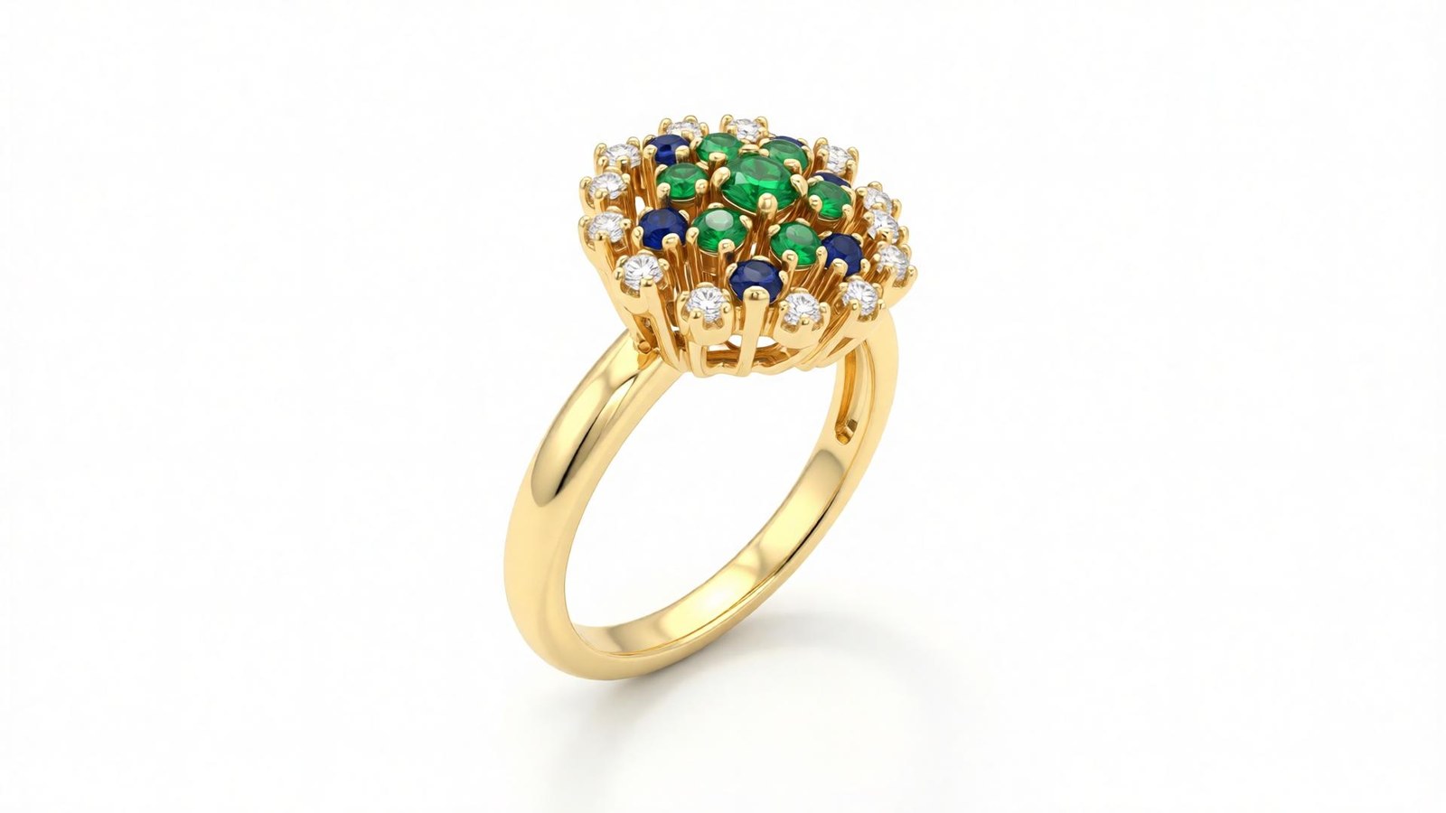 Anel Mosaico Real — ouro 18k amarelo com buquê de esmeraldas, safiras e diamantes em composição radial