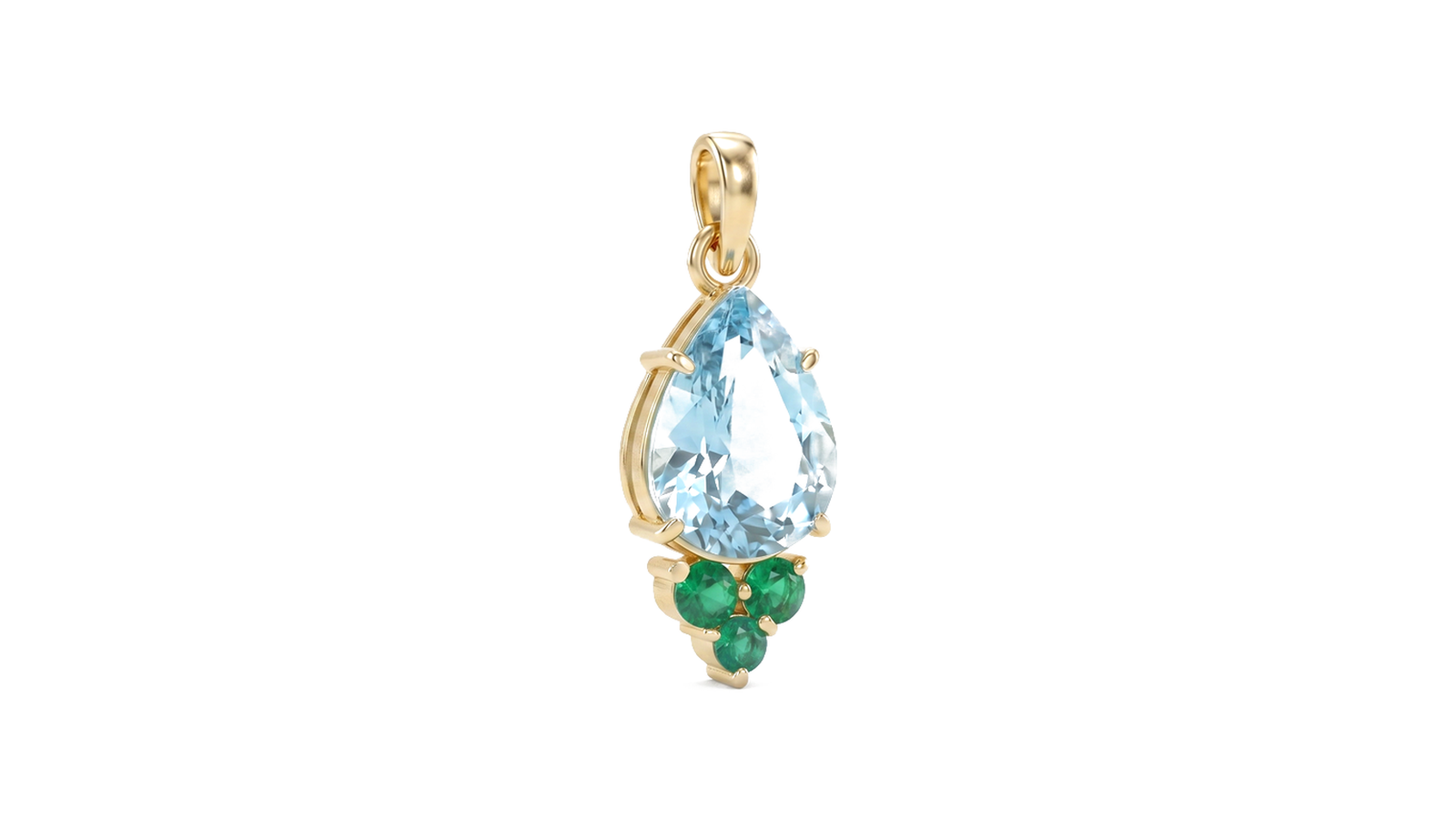 Pingente água-marinha corte pera em ouro 18k amarelo com três esmeraldas naturais redondas abaixo formando trio