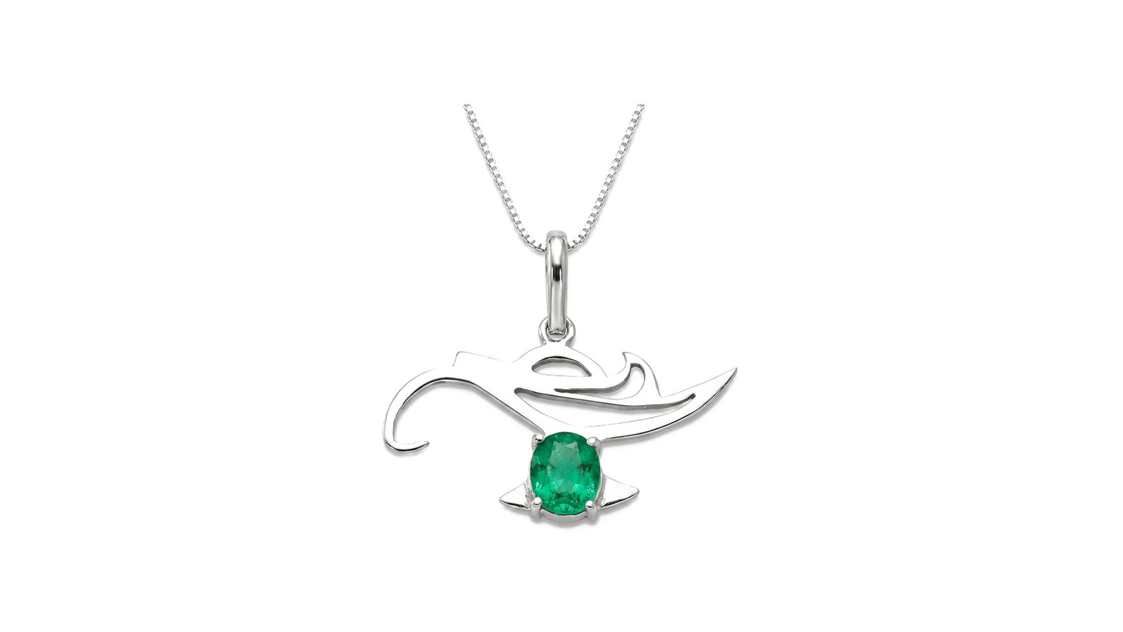 Pingente em prata 950 com desenho fluido inspirado em manta marinha e esmeralda oval suspensa