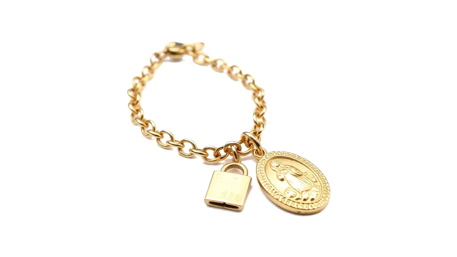Pulseira em ouro 18k amarelo com corrente rolo e dois charms — medalha Nossa Senhora e mini cadeado