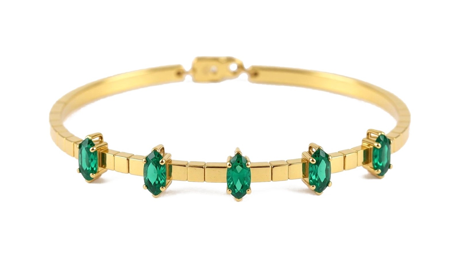 Pulseira em ouro 18k amarelo com cinco esmeraldas naturais marquise alinhadas em barra rígida