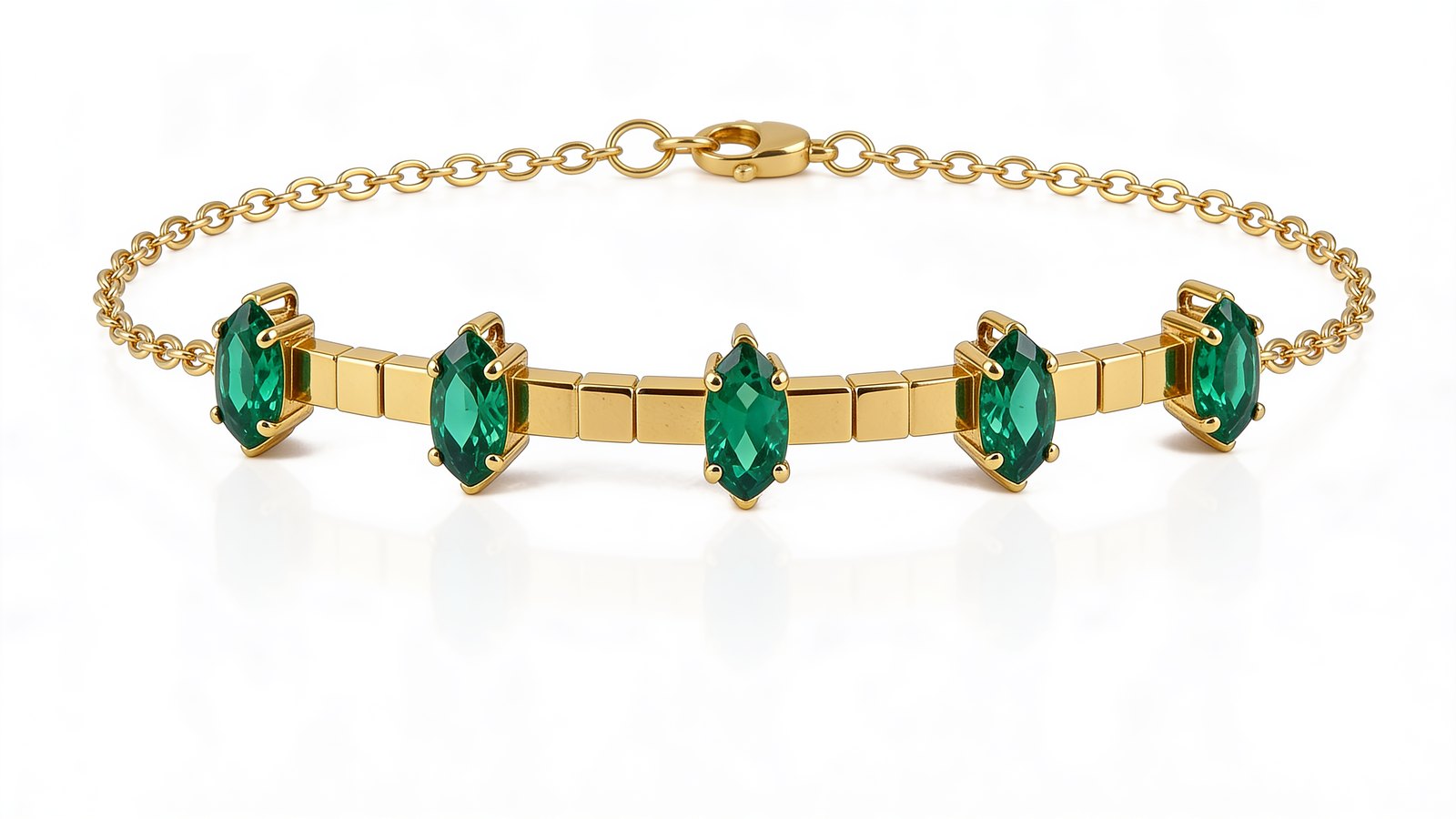Pulseira de corrente em ouro 18k amarelo com cinco esmeraldas naturais corte marquise em cravação garras ao longo do centro