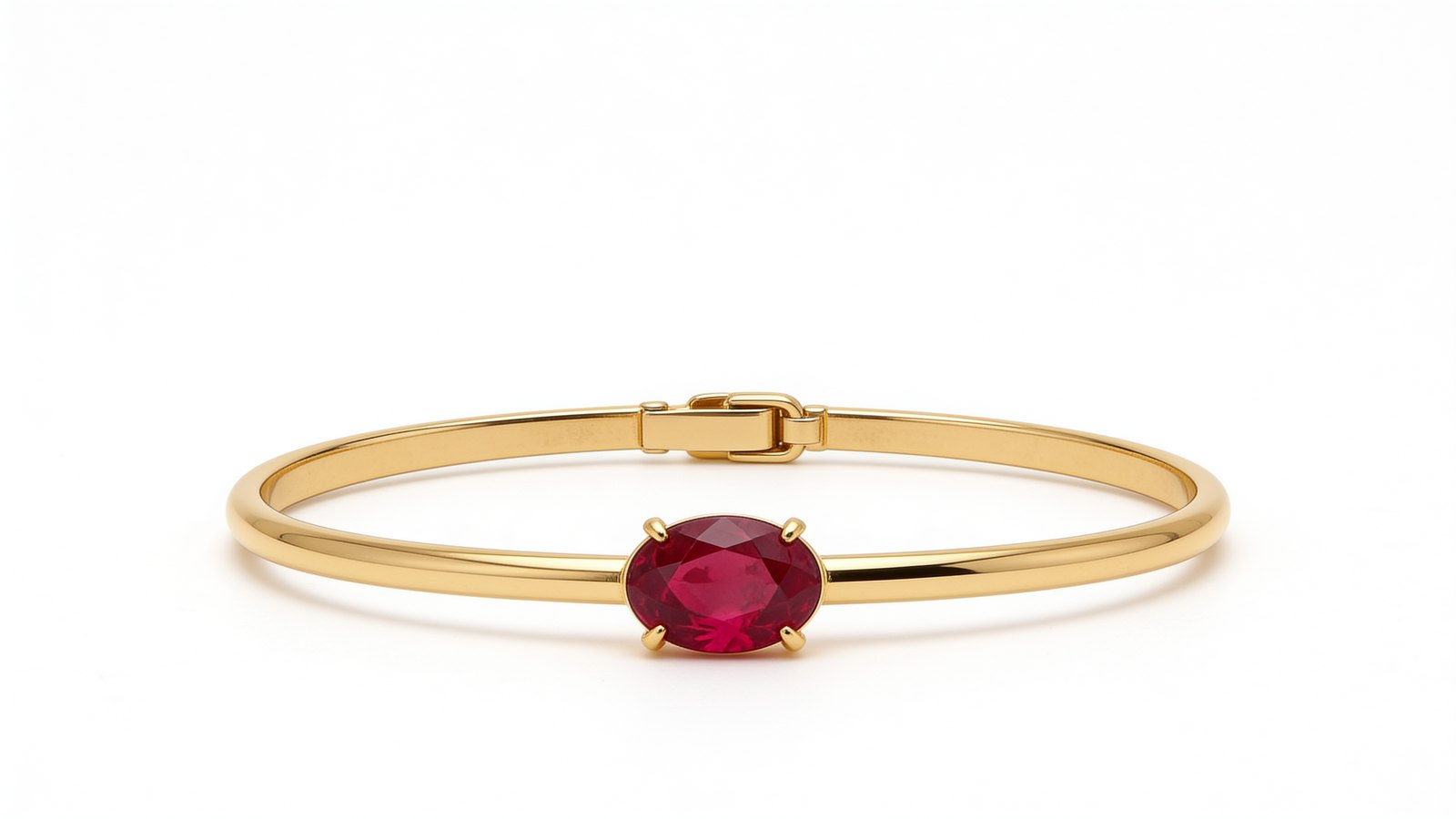 Pulseira em ouro 18k amarelo de aro fino e liso com uma granada brasileira natural oval cravada em quatro garras