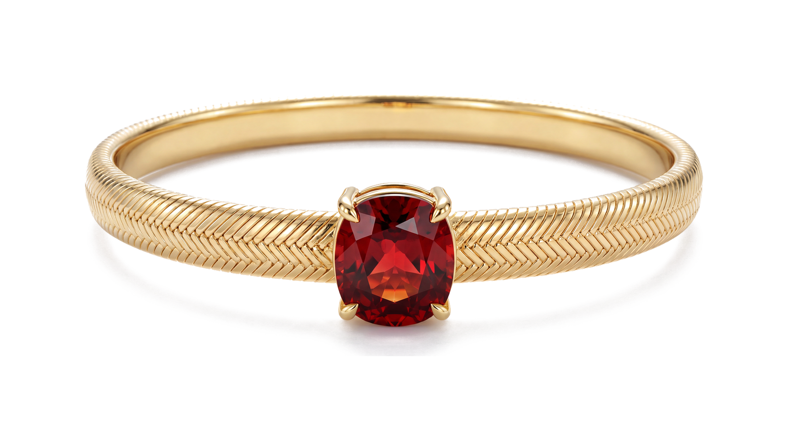 Pulseira em ouro 18k amarelo com banda em trama trançada espinha de peixe e granada brasileira oval cravada no centro
