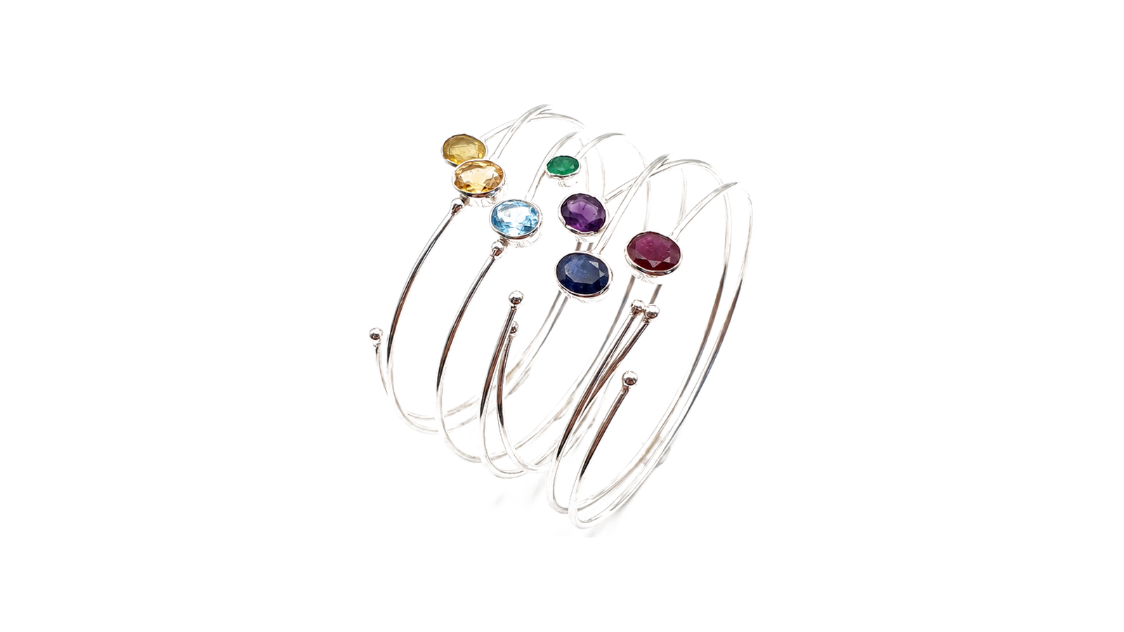 Trio de pulseiras em prata 950 cada uma com duas gemas naturais coloridas alternadas