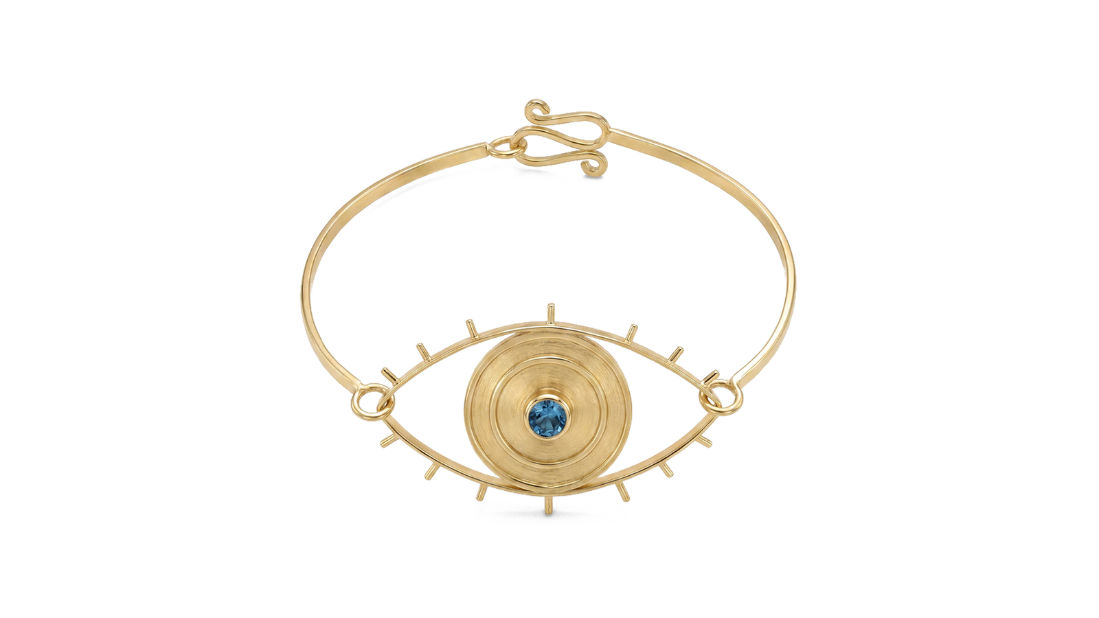 Pulseira em ouro 18k amarelo no formato de olho grego com topázio azul central e raios laterais