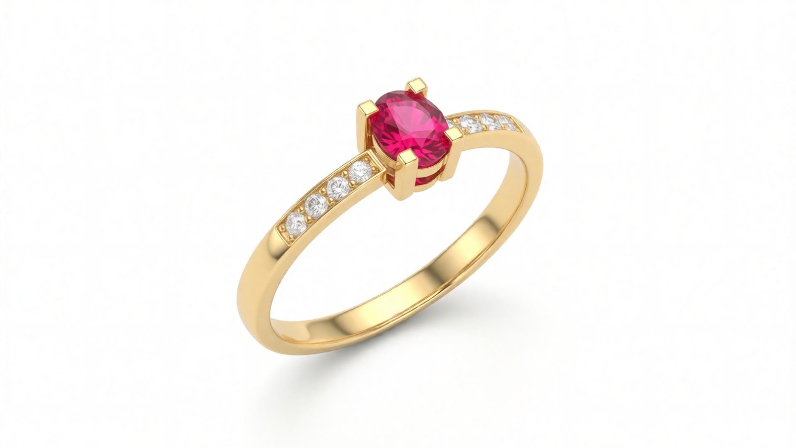 Anel Rubi Solitário com pavê — ouro 18k amarelo com rubi oval e diamantes em pavê dos dois lados da banda