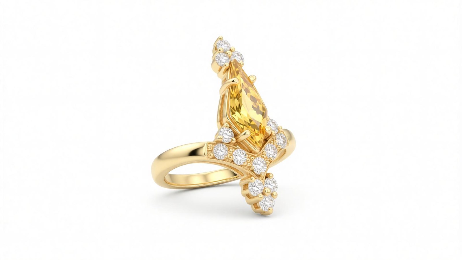 Anel Topázio Imperial Real — ouro 18k amarelo com topázio imperial natural de Ouro Preto corte pera amarelo dourado e coroa lambrequim de diamantes brilhantes