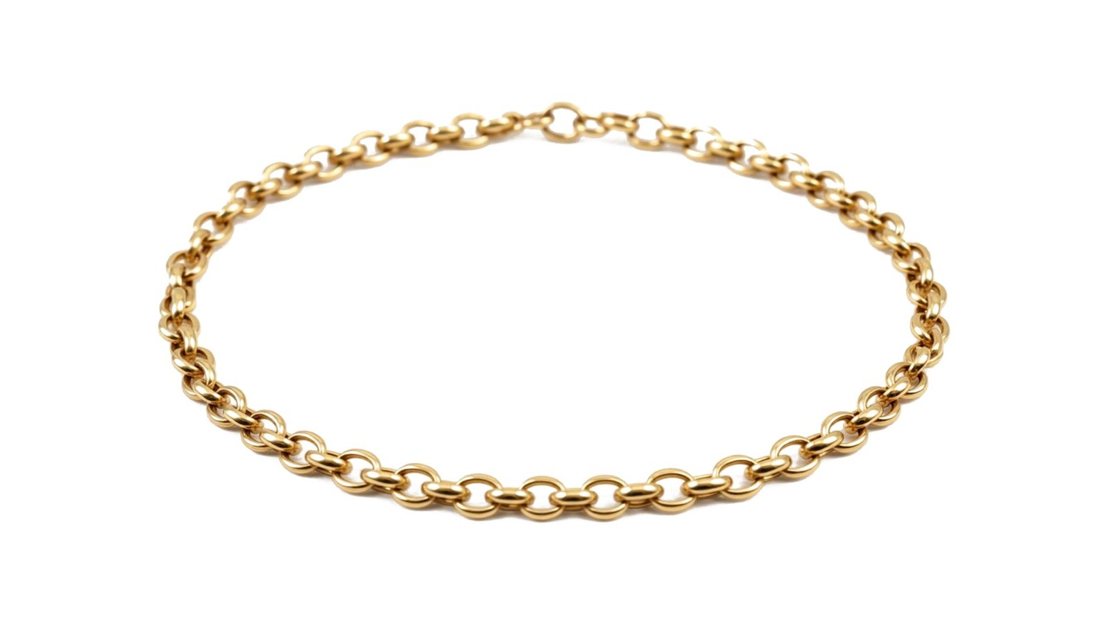 Corrente Belcher (Rolo) em ouro 18k amarelo · elos redondos uniformes · padrão clássico inglês