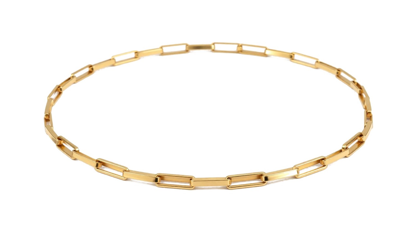 Corrente Cartier em ouro 18k amarelo · elos retangulares alongados estilo clipe · contemporânea e minimalista