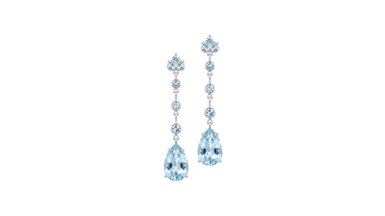 Brincos Aurora do Mar — ouro branco 18k com águas-marinhas pera e redondas